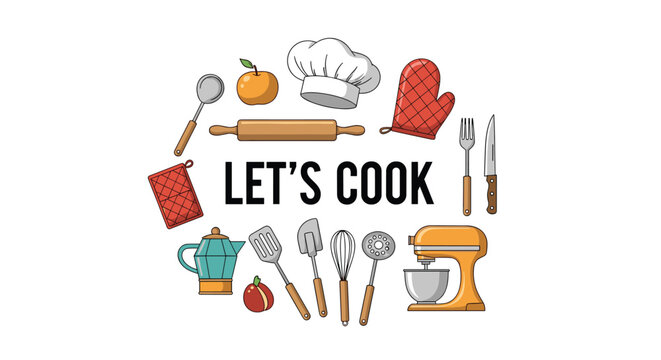 Culinary themed circular frame with various kitchen utensils and the text lets cook encouraging people to prepare delicious home meals.