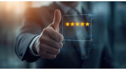 Obraz premium Businessman Displays Approval with Five-Star Rating on Digital Screen