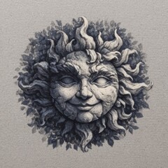 Fototapeta premium Stone carving of a smiling sun face with fiery rays