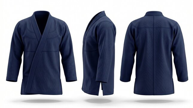 Three views of a navy blue martial arts gi or judogi, displayed on a white background.