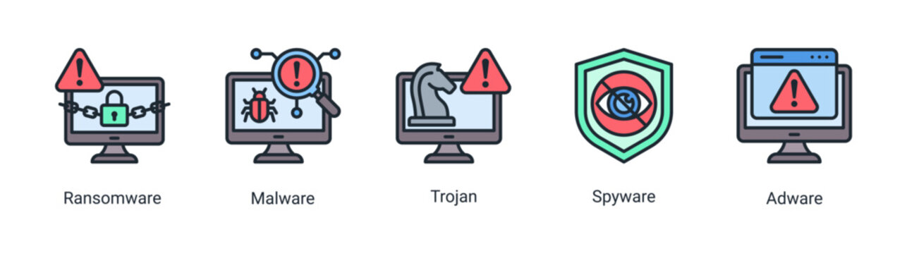 Malware attack icon set featuring ransomware,trojan and spyware threats.Ideal for cybersecurity risk,hacking concept and digital security visuals.