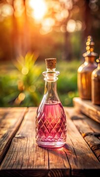 A photo of an elegant antique glass bottle with a brass stopper holding a glowing pink elixir on a rustic wooden table