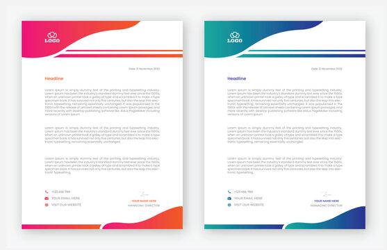 Modern business letterhead template with vibrant pink and orange gradient header and footer for company branding and professional correspondence.