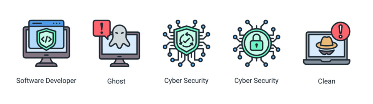System monitoring icon set featuring developer,cyber security and spyware threat detection.Perfect for cybersecurity workflow,system monitoring and digital security analysis.