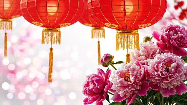 Traditional Chinese lanterns with peony bloom on clean background elegant cultural