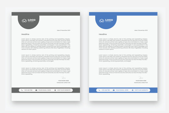 Business letterhead template with grey and black header and footer for company branding and professional correspondence and official documents.