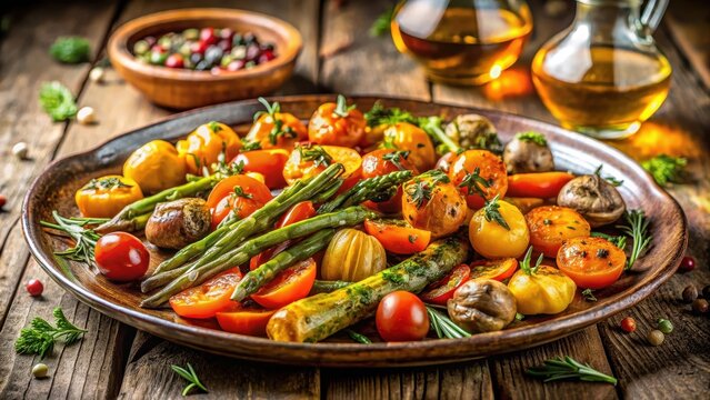 A photo of a rustic platter adorned with roasted vegetables at a party atmosphere, golden tomatoes, crispy carrots, tender asparagus, vibrant bell pep