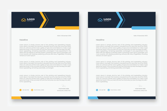 Corporate letterhead stationery template set featuring geometric header and footer designs with professional blue and yellow accents for modern business identity communication and branding.