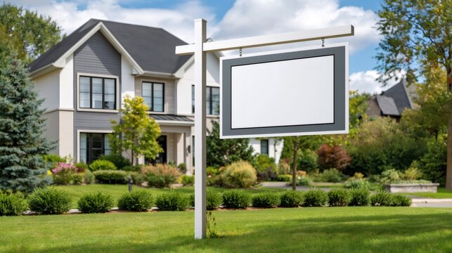 Real estate for sale blank sign in front of modern suburban house