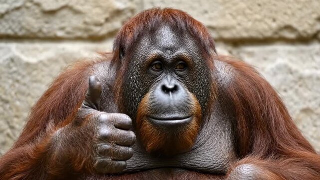 An orangutan giving a thumbs-up, smiling with a stony background