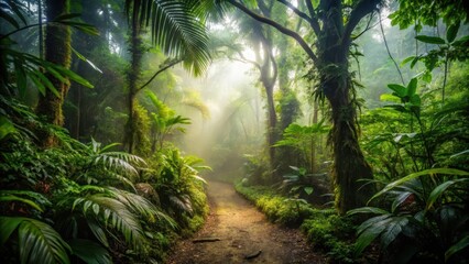 Naklejka premium A misty jungle path winds its way through dense foliage on Cerro Chato in Costa Rica