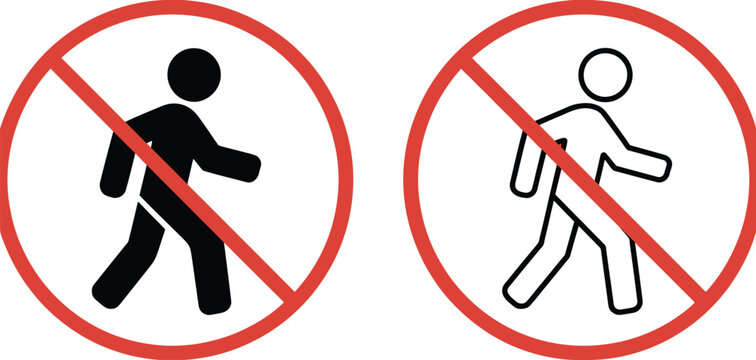 Prohibition signs set, red circle slash symbols indicating no walking and no running zones for safety regulation and access control signage.