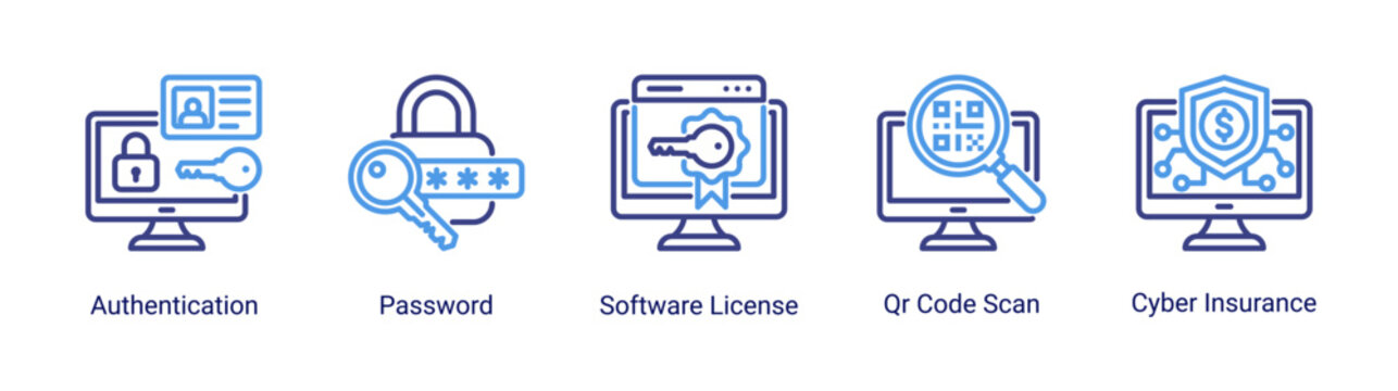 Secure access icon set with authentication,password and software license.Ideal for login security and system access control concepts.