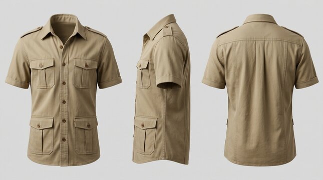 Khaki safari shirt with short sleeves and multiple pockets, shown from front, side, and back views.