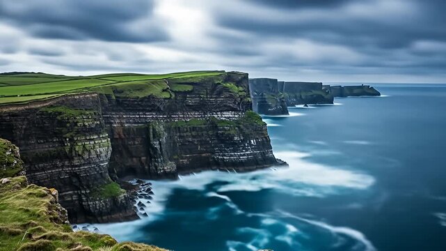 Cliffs topped with lush greenery, adjacent to an ocean with blurred wave effect