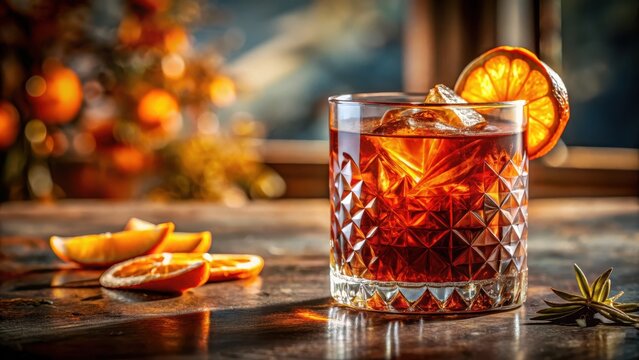 A photo of a Negroni cocktail with an amber liquid, ice cubes, and an orange twist floating on top The drink is presented in a vintage glass with int
