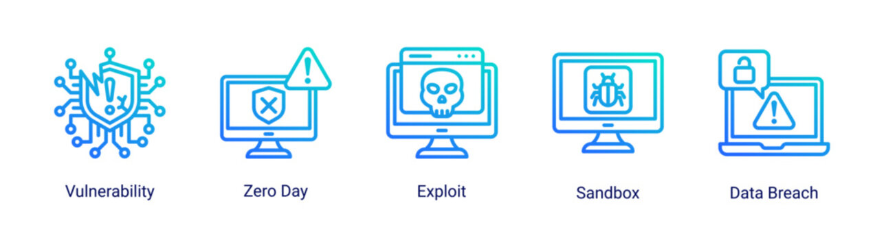 Vulnerability icon set featuring zero day,exploit and data breach.Ideal for cybersecurity analysis and threat detection concepts.