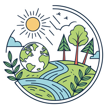 Clean environment concept with sun, earth, and river.