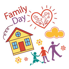 Fototapeta premium Family day illustration, house, heart, clouds, and people.