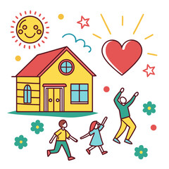 Naklejka premium Happy family jumping near yellow house and heart.