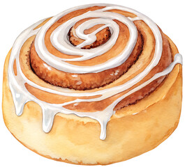 Fototapeta premium watercolor cinnamon roll with icing swirl, isolated PNG