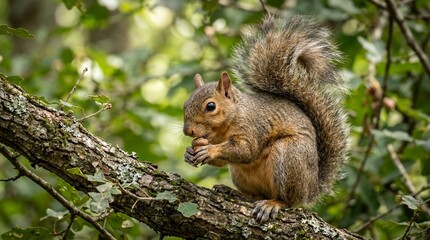 Fototapeta premium A Cute Squirrel Eating an Acorn on a Tree Branch in the Forest