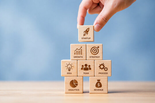 wood cube with business icon, Start-up, Creativity, Big idea, Business goals management, Investment on new project to wealth, Company strategy target, Sustainable financial