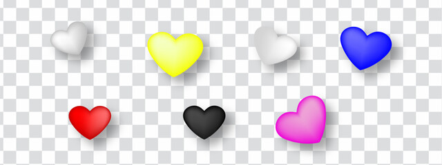Collection of colorful glossy hearts with shadows including red yellow blue pink black and white icons for romantic design elements and decorative assets for social media and greeting cards art. © Hasan 