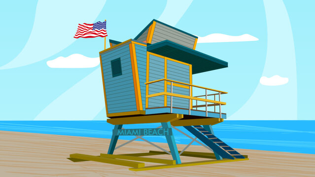 Lifeguard tower on sunny beach with american flag and blue ocean waves in miami beach florida coastal landscape illustration for travel and summer vacation concept with modern cartoon style art.