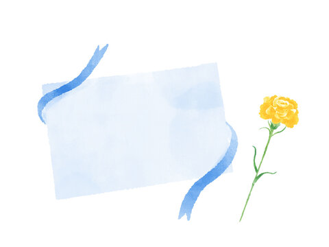 青い封筒と黄色いカーネーションの水彩風イラスト / Blue envelope and yellow carnation, watercolor style illustration.