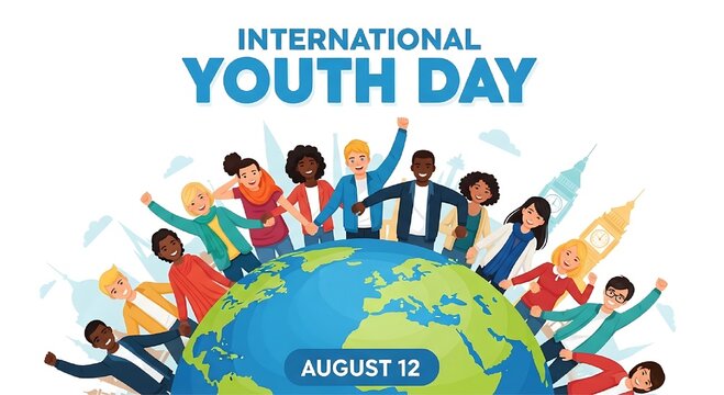 Diverse group of young people standing on a green and blue globe against a white background with city silhouettes and blue header text.