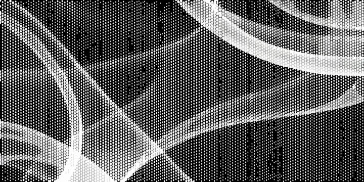 Abstract black and white pattern featuring swirling lines and halftone dots
