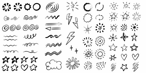 Collection of hand drawn doodle elements and abstract black ink shapes © MituRani