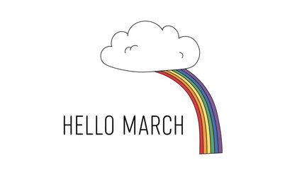 Naklejka premium Hand drawn illustration with a cute cloud and colorful rainbow and Hello March text.