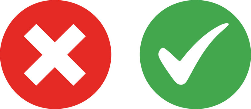 Red circle X and green checkmark icons, clean UI symbols indicating incorrect and correct status failure and success feedback elements.