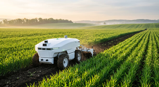 Autonomous tractor plowing field at sunrise, modern agriculture technology