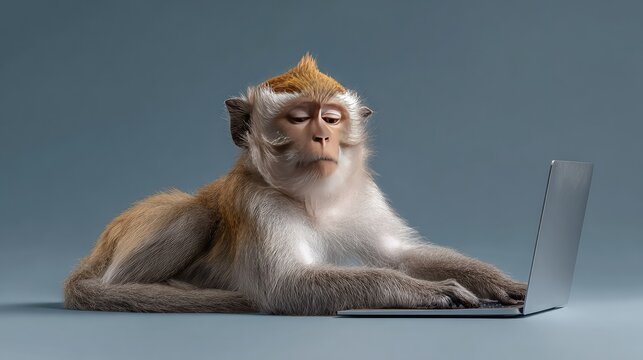 Thoughtful monkey typing on laptop with focused expression against a simple background showcasing technology and animal interaction in a playful setting