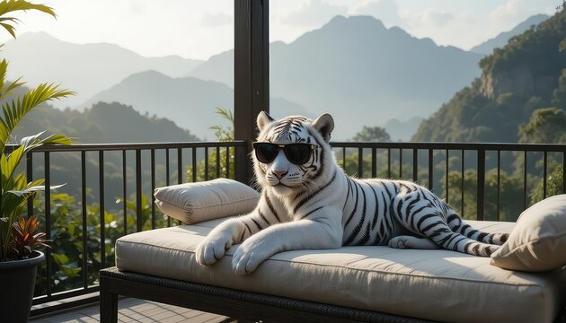 white tiger cub wearing stylish black sunglasses, lying on a luxurious daybed on a balcony overlooking misty mountains