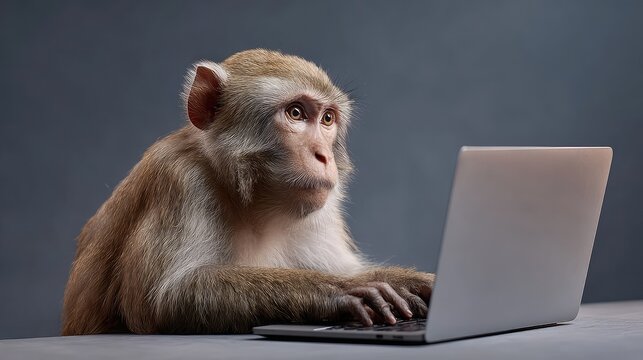 Thoughtful monkey using a laptop computer in a modern workspace setting, illustrating the relationship between nature and technology in today&rsquo;s world