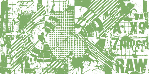 Green grunge typography background: abstract letters collage geometric shapes circles lines texture paint splatter modern urban design © STEAM