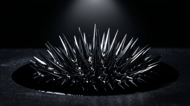 Glossy black ferrofluid spikes forming under magnetic field in dark studio