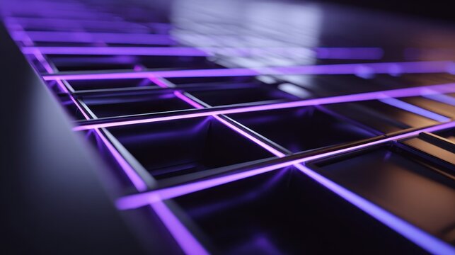 Glowing purple linear elements form a receding grid pattern on a dark reflective surface.