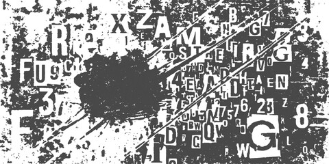 Fototapeta premium Textual Tapestry: A collage of scattered letters and numbers and abstract strokes. A stark black and white composition.