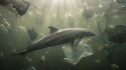 Fototapeta premium Dolphin swimming amidst ocean pollution with plastic debris