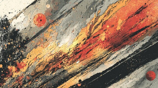 Abstract grunge textured background with heavy scratches and dust specks, orange red glowing light elements contrasted by diagonal black bands, vintage damaged surface with dynamic light movement 