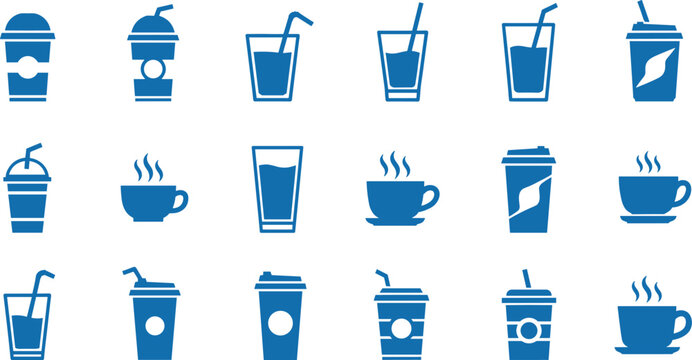 Collection of blue icons representing various drinks, including coffee cups, tea mugs, and to-go beverage containers.