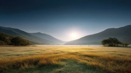 Fototapeta premium Serene Early Morning Landscape with Soft Sunlight and Rolling Hills in a Tranquil Valley Surrounded by Lush Nature and Open Fields