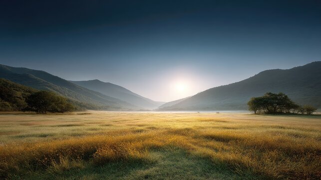Serene Early Morning Landscape with Soft Sunlight and Rolling Hills in a Tranquil Valley Surrounded by Lush Nature and Open Fields