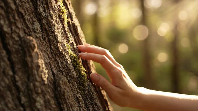 Eco minimalist hand touching tree bark in forest with soft sunlight glow nature scene
