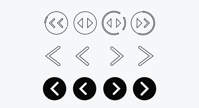 Minimalist navigation arrow icons set for digital interface design including outlines and solid circle web signs.